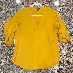 Express Women's Bright Mustard V-Neck Button-Front Blouse